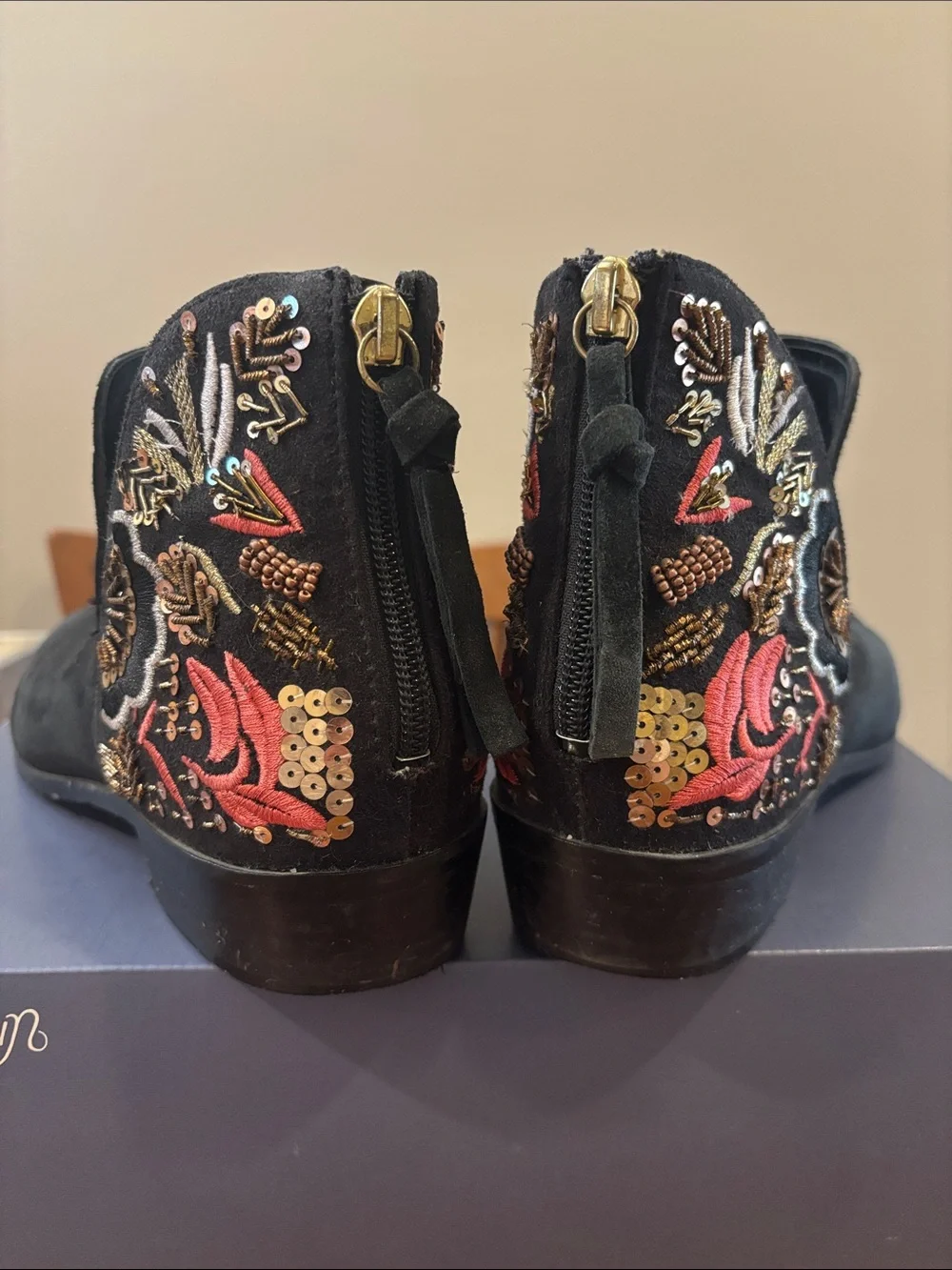 Reaction Kenneth Cole Black Suede Ankle Booties with Embroidered Floral Heel
